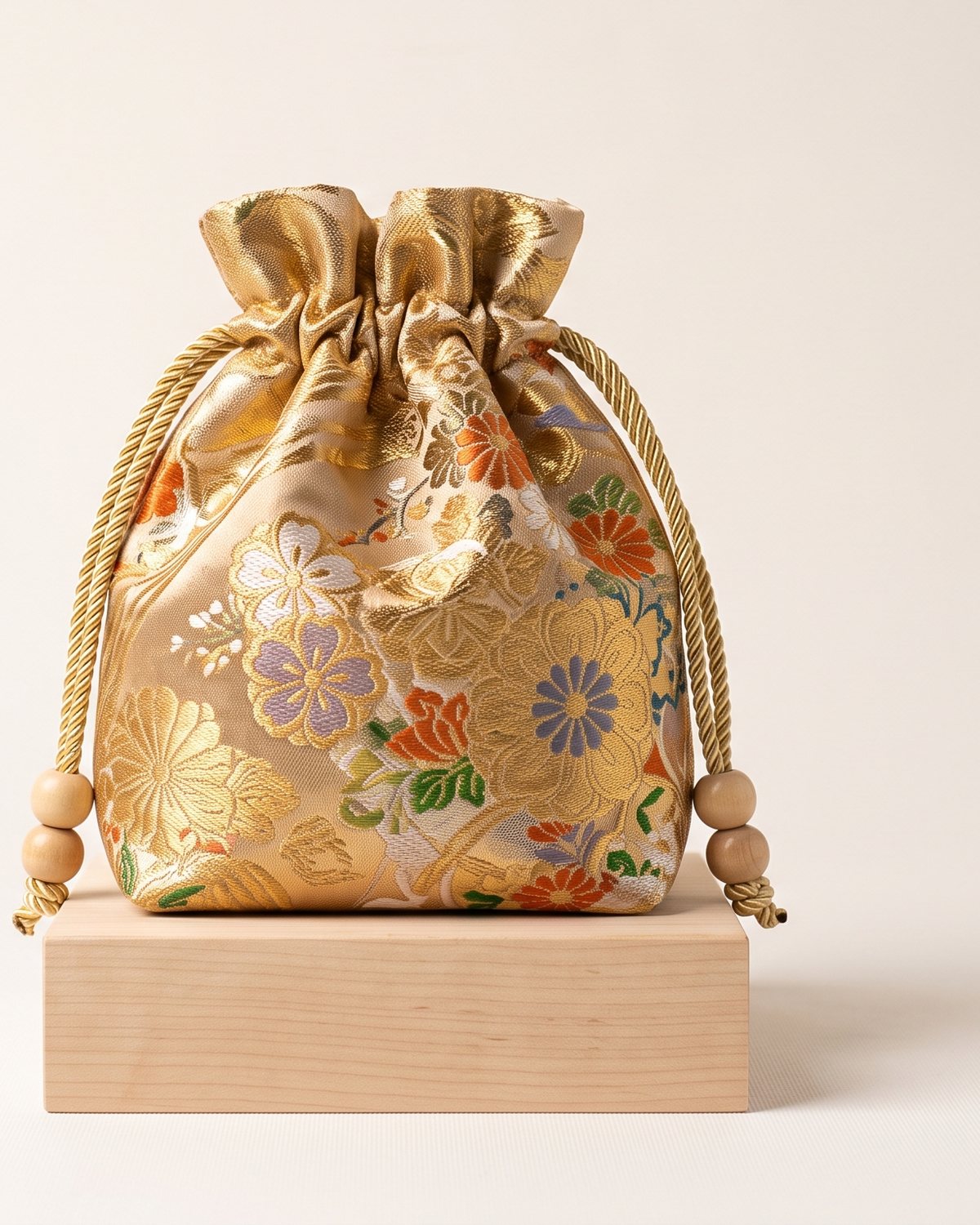 Drawstring Kinchaku Bag Sewn from Obi Brocade