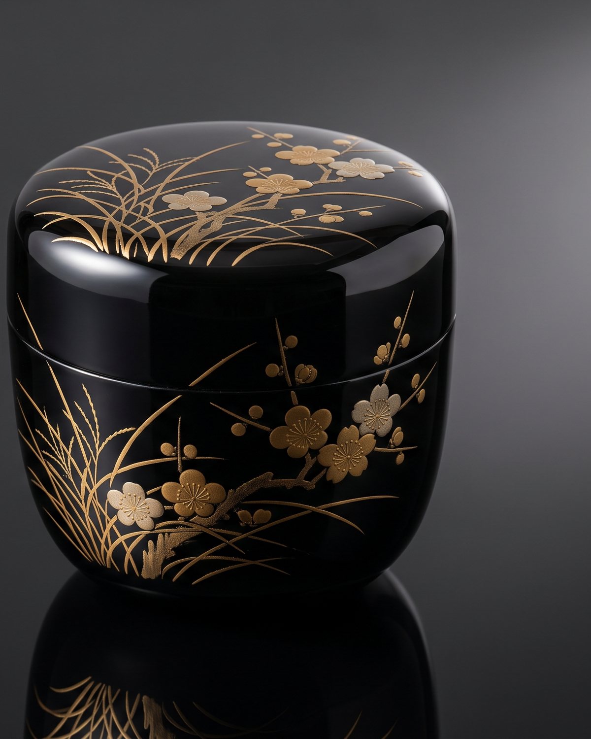 Wajima-Nuri Lacquer Tea Caddy with Maki-e Grass