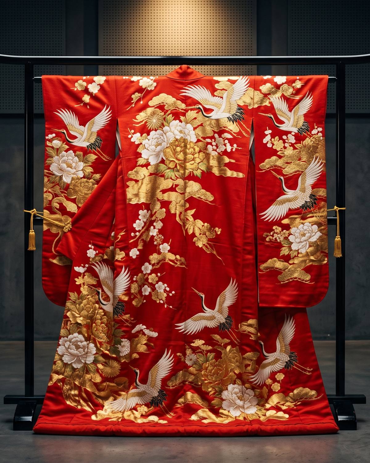 Vermilion Furisode with Gold-Leaf Peony and Crane