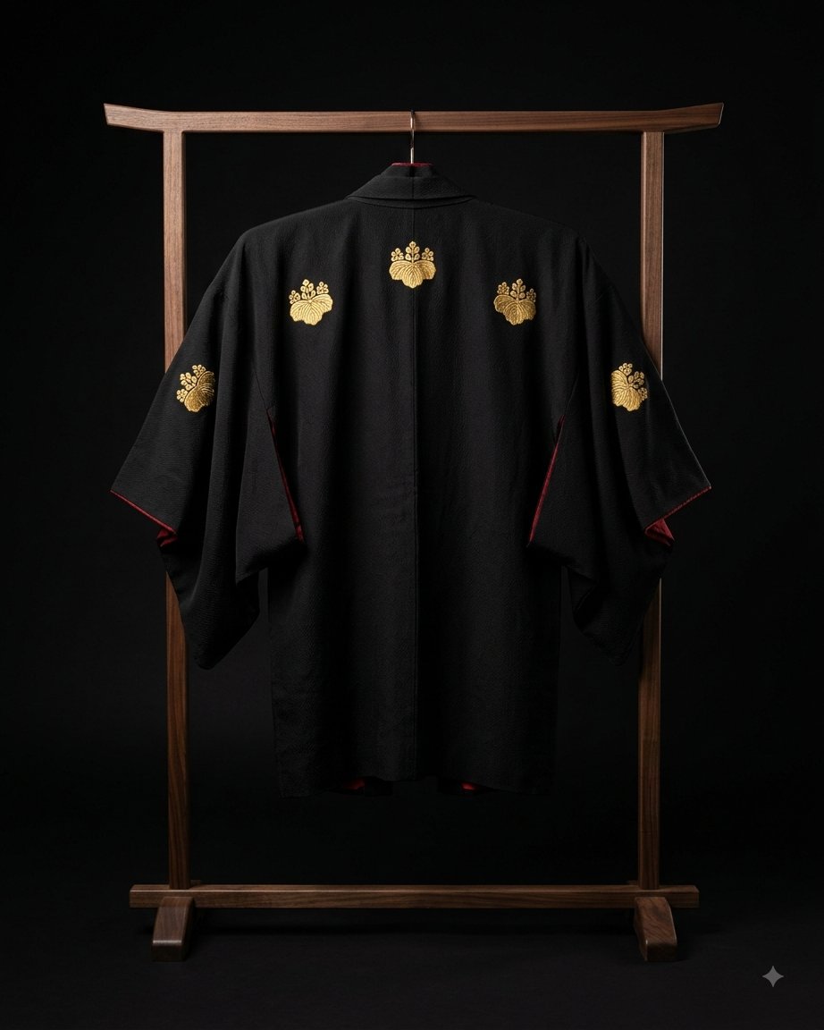 Vintage Black Silk Kuro-Haori with Gold Embroidered Crest