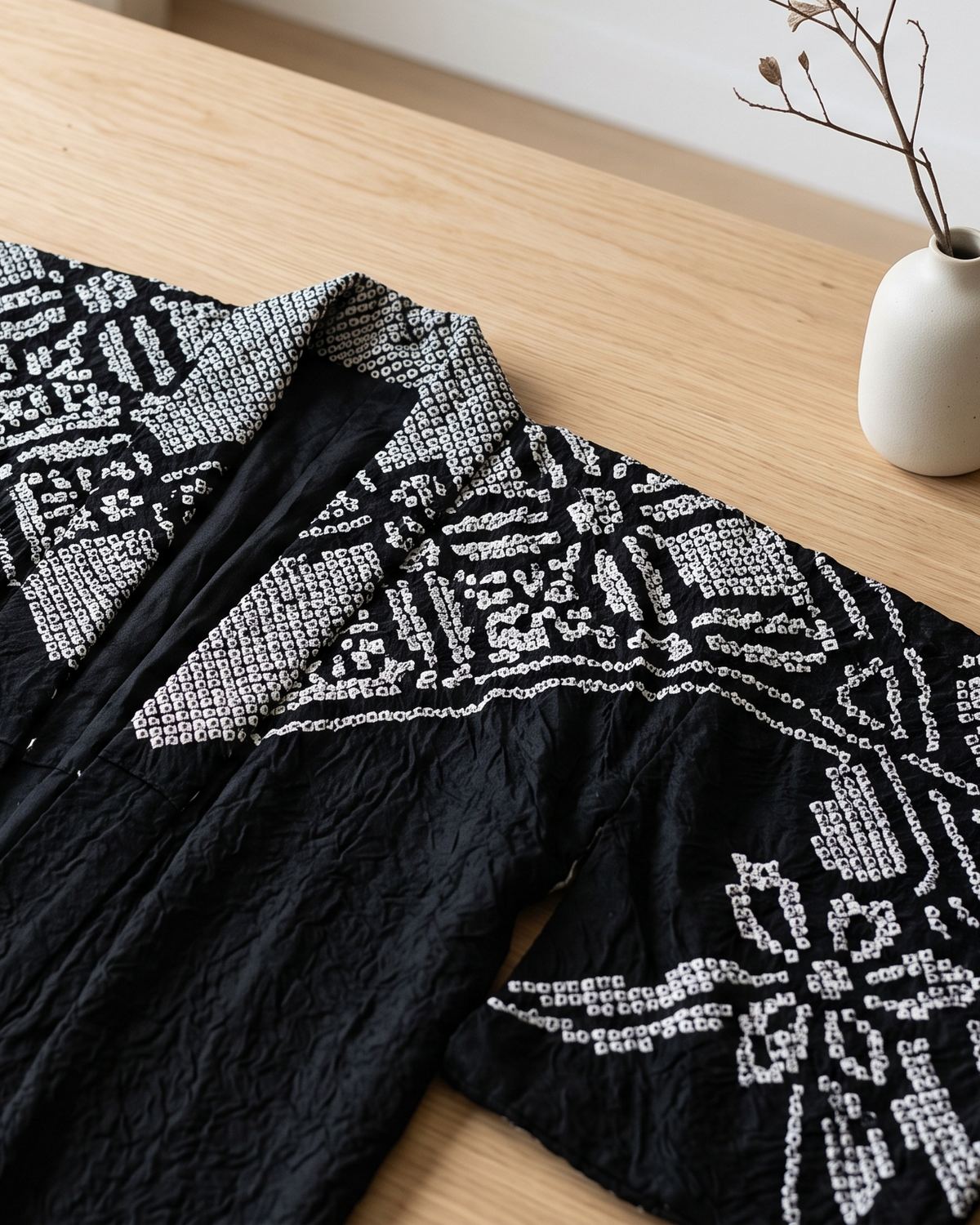 Short Black Haori with Shibori Tie-Dye Shoulders