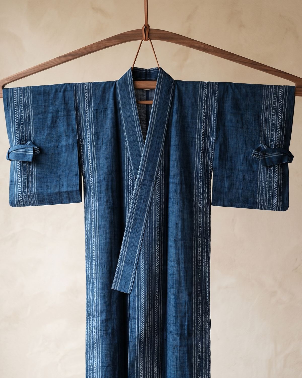 Indigo Tsumugi Kimono with Hand-Woven Kasuri Stripe