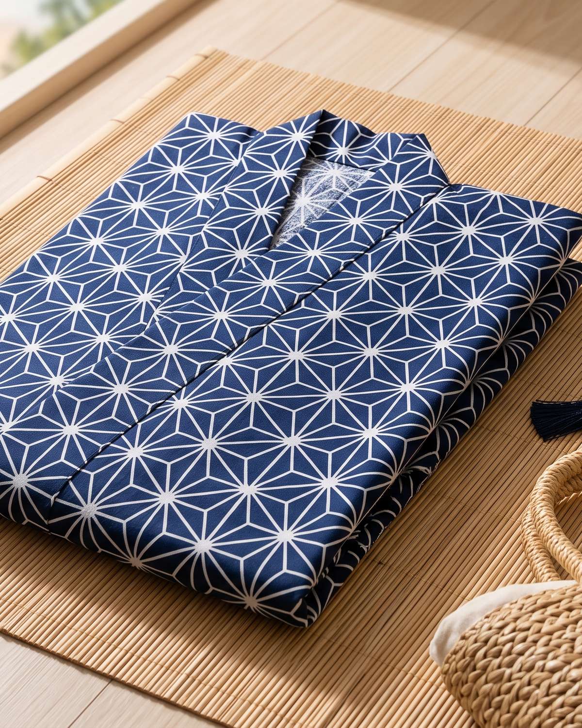 Navy Cotton Yukata with White Asanoha Lattice